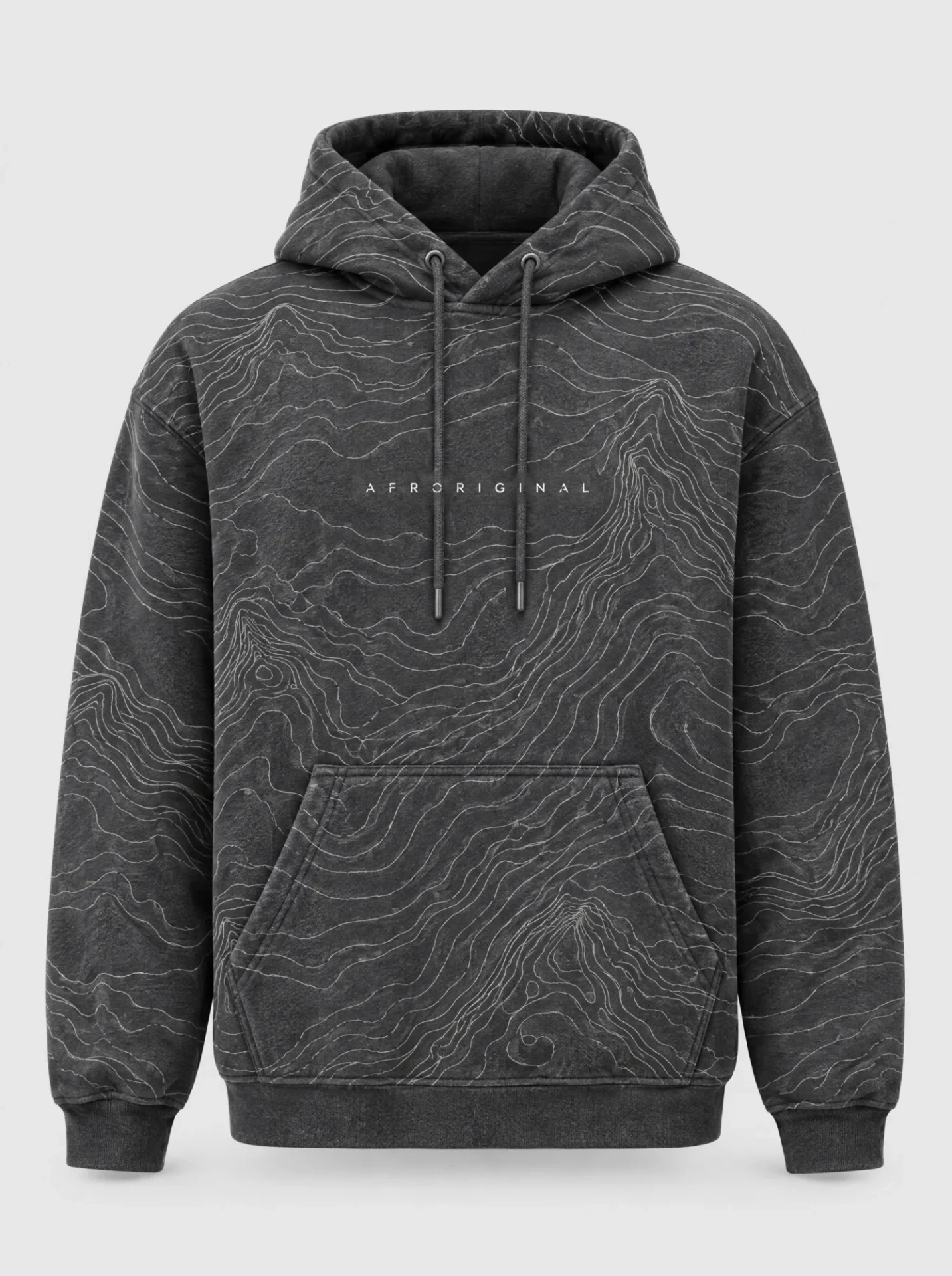 Charcoal hoodie with an all-over print of fine off-white topographic contour lines and a small AFRORIGINAL wordmark on the chest