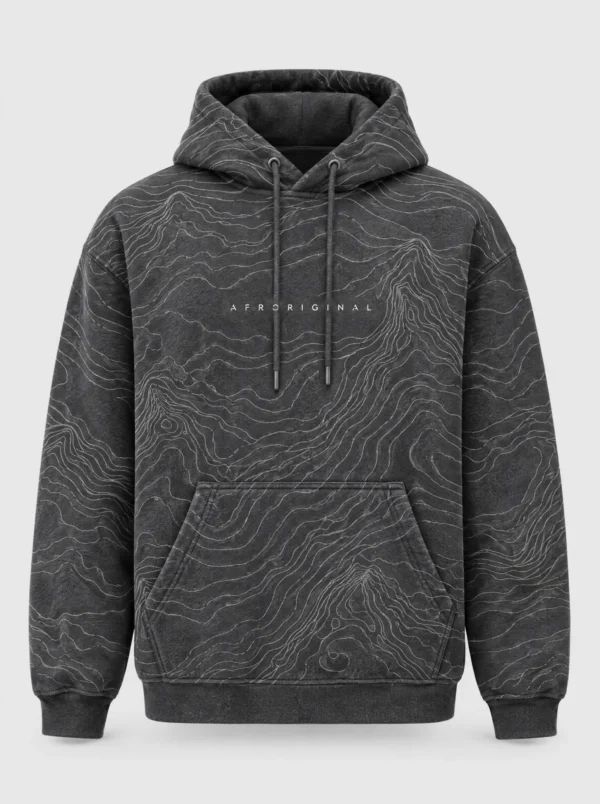 Charcoal hoodie with an all-over print of fine off-white topographic contour lines and a small AFRORIGINAL wordmark on the chest