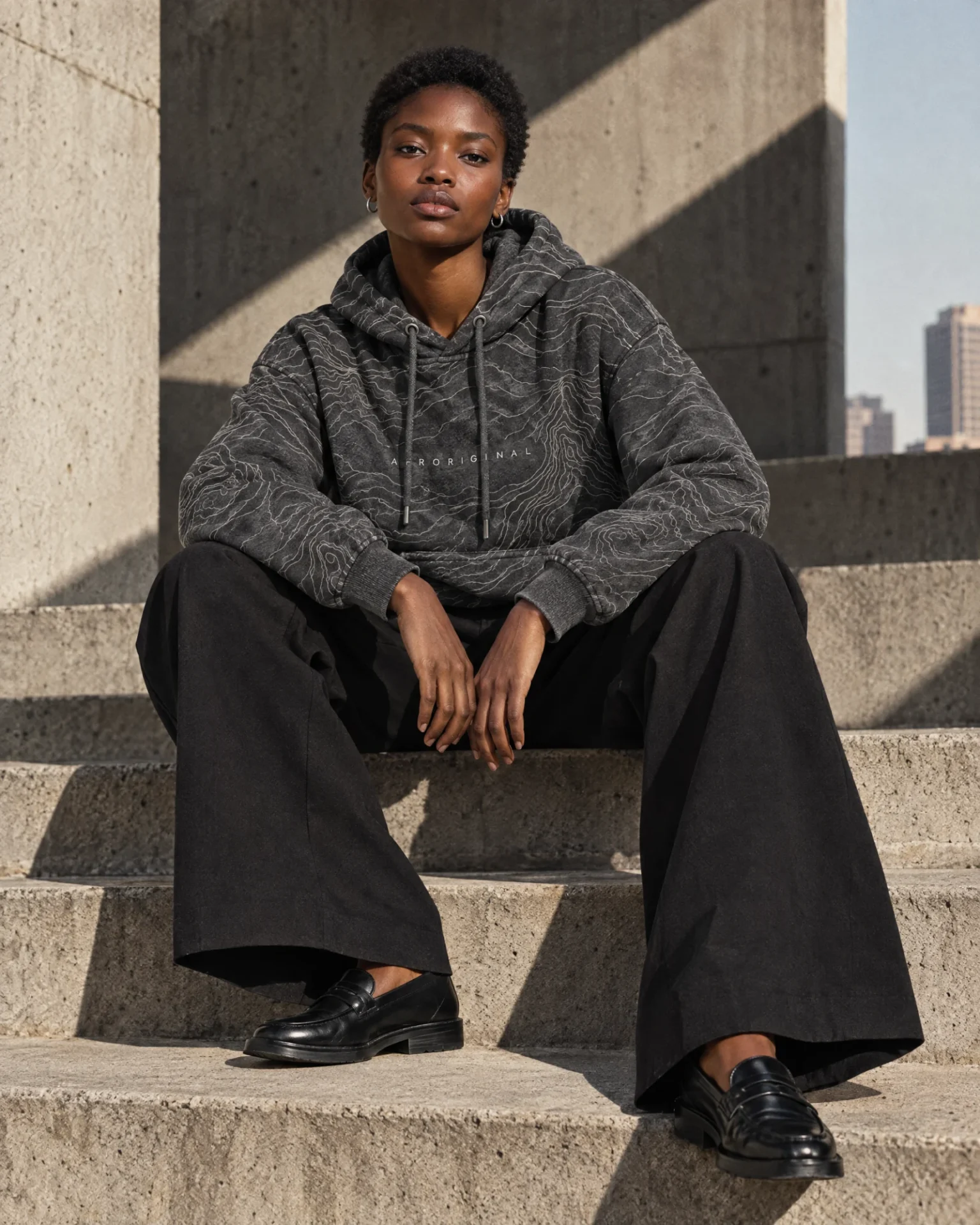 A woman in the charcoal Afroriginal contour hoodie and wide black trousers sits on concrete steps in Johannesburg