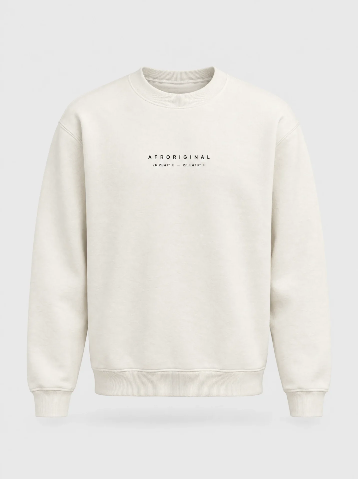 Bone off-white crewneck sweatshirt with AFRORIGINAL and the Johannesburg coordinates 26.2041° S — 28.0473° E printed on the chest