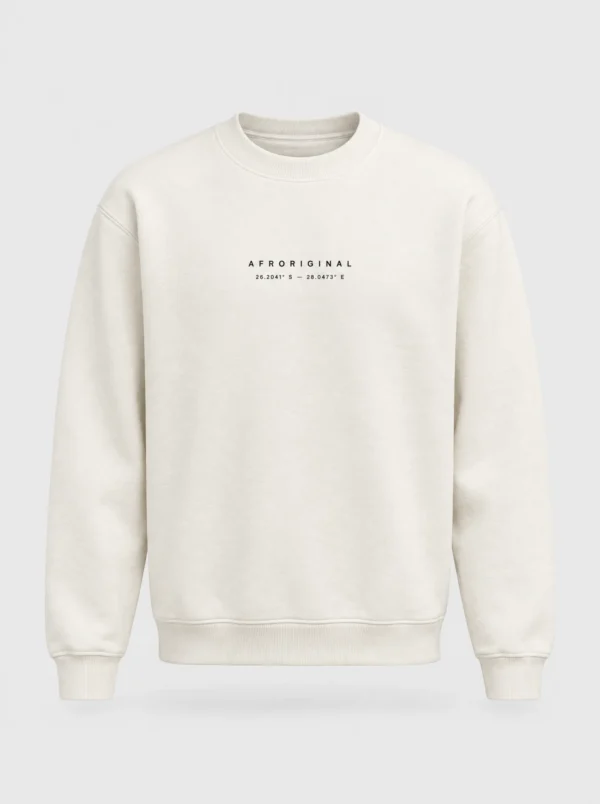 Bone off-white crewneck sweatshirt with AFRORIGINAL and the Johannesburg coordinates 26.2041° S — 28.0473° E printed on the chest
