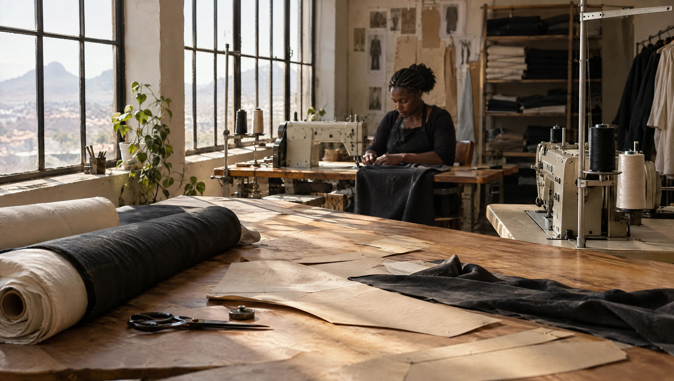 A seamstress works at an industrial sewing machine in a sunlit South African garment workshop with rolls of fabric on the cutting table