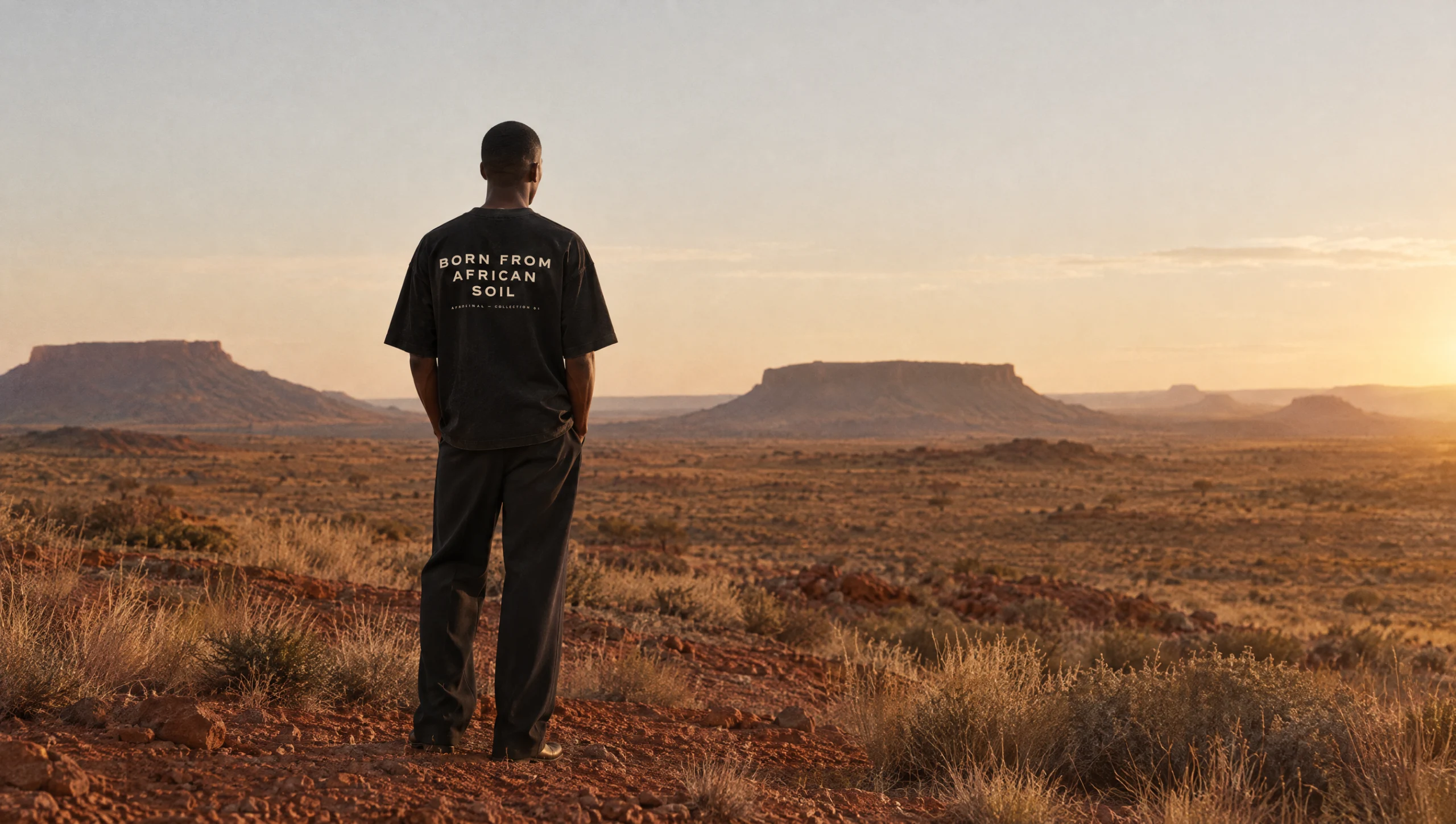 A man in a black Afroriginal T-shirt printed BORN FROM AFRICAN SOIL stands with his back to the camera, looking over a red-earth Karoo landscape at sunset