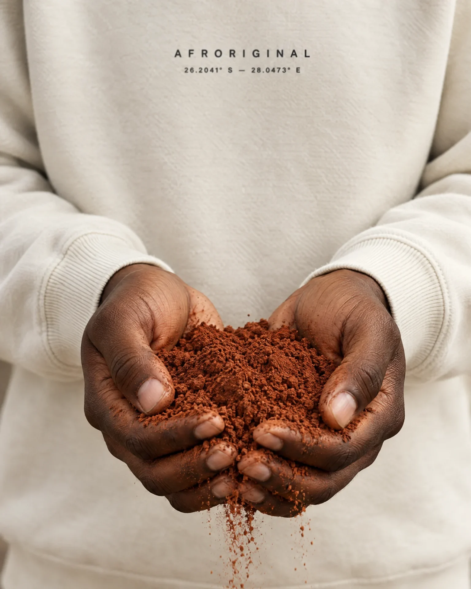Cupped hands holding red African soil in front of the bone Afroriginal Coordinates crewneck