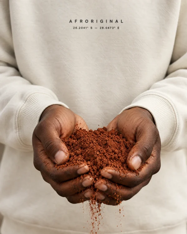 Cupped hands holding red African soil in front of the bone Afroriginal Coordinates crewneck