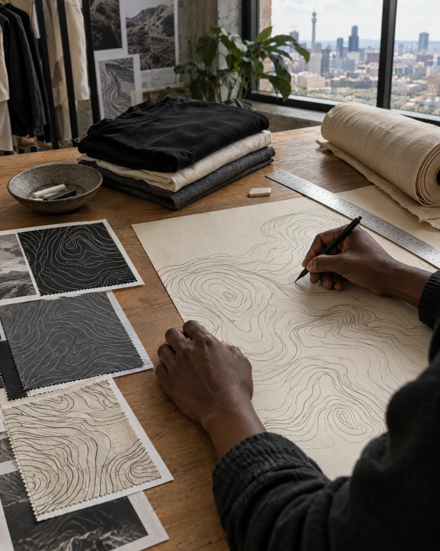 A designer draws topographic contour lines on paper beside printed fabric swatches and folded T-shirts in a Johannesburg studio