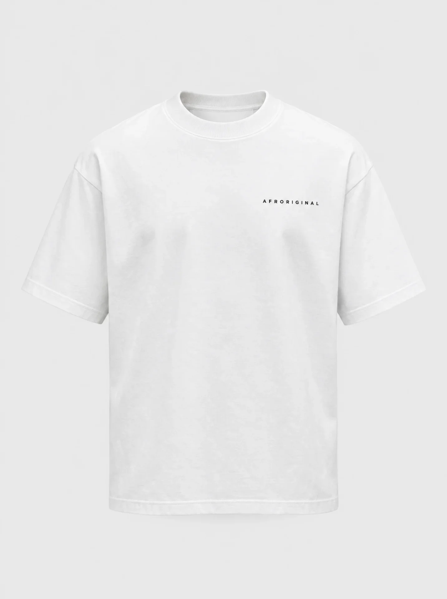White boxy T-shirt, front view, with a small black AFRORIGINAL wordmark on the chest